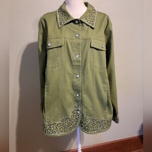 Quacker Factory Size 1x Olive Green Jacket Embellished Women's a16